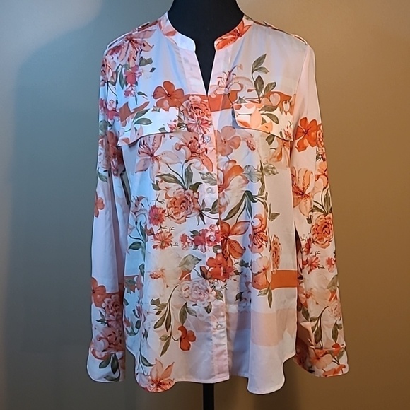 CALVIN KLEIN Botanical Roll-Sleeve Utility Blouse, Size Small - Picture 4 of 14